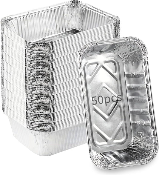 Aluminum Pans Drip Pans (50 Pack, 8"×3.7"), Disposable Tin Foil Pans Foil Food Containers, Grease Drip Pan Liners Grill Grease Tray for Baking, Cooking, Heating, Food Prepping, Freezer, Takeout