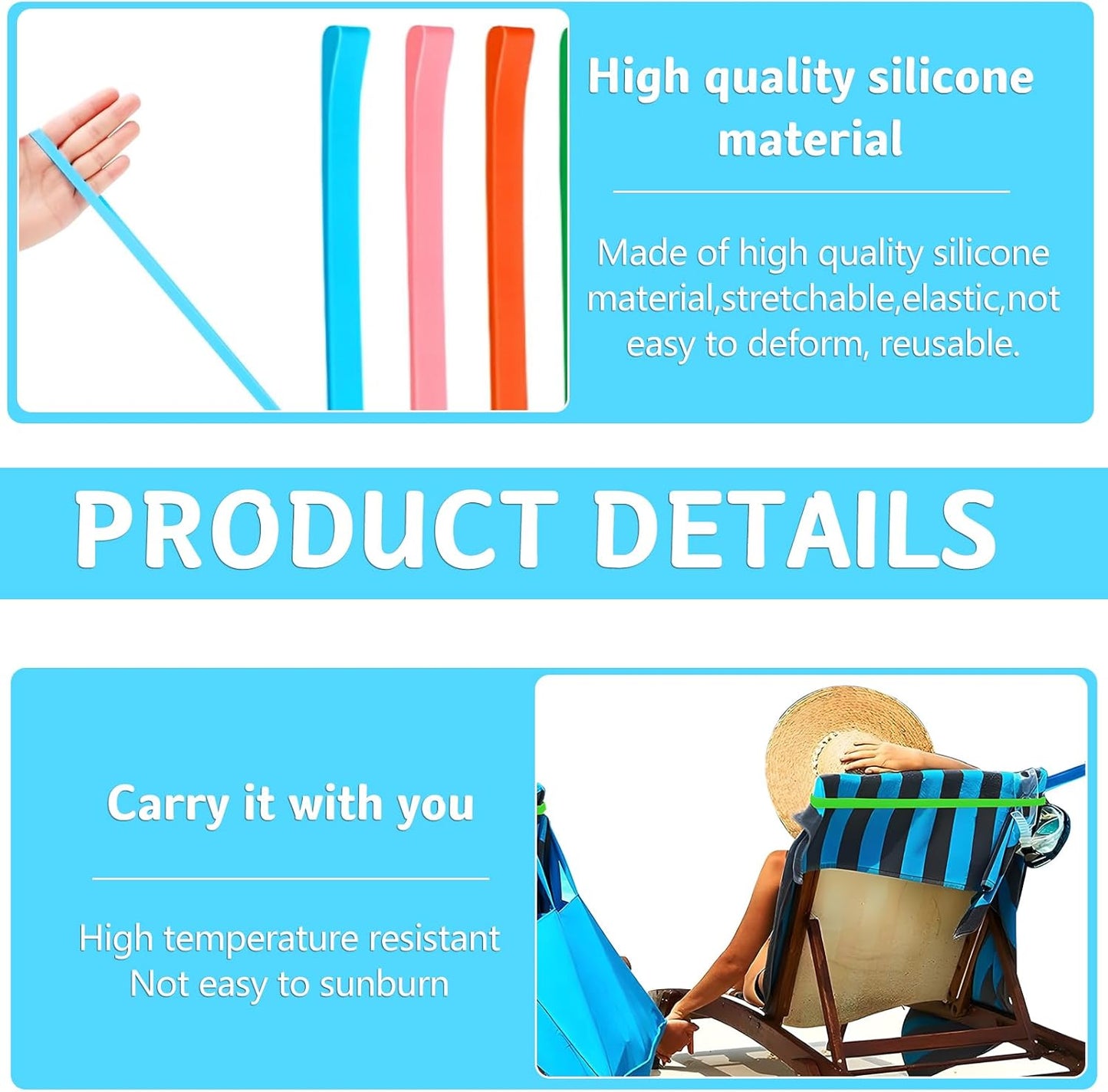 Towel Bands (4 Pack), Stretch Silicone Beach Towel Clips for Beach Pool & Cruise Chairs, Summer Beach Trip Essentials