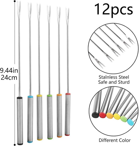 12 Pieces Fondue Forks, Stainless Steel Fondue Forks Roasting Sticks 24cm Fondue Skewers with Heat Resistant Handle for Cheese Chocolate Fondue Roast Marshmallows Meat