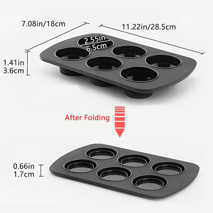 Foldable Silicone Muffin Pan, 6 Cups Non-Stick Cupcake Pans, BPA Free Silicone Baking Tray, Food Grade Egg Bites Mold for Making Egg Muffin, Cakes, Tart, Hamburger Bun, Bread (Black)