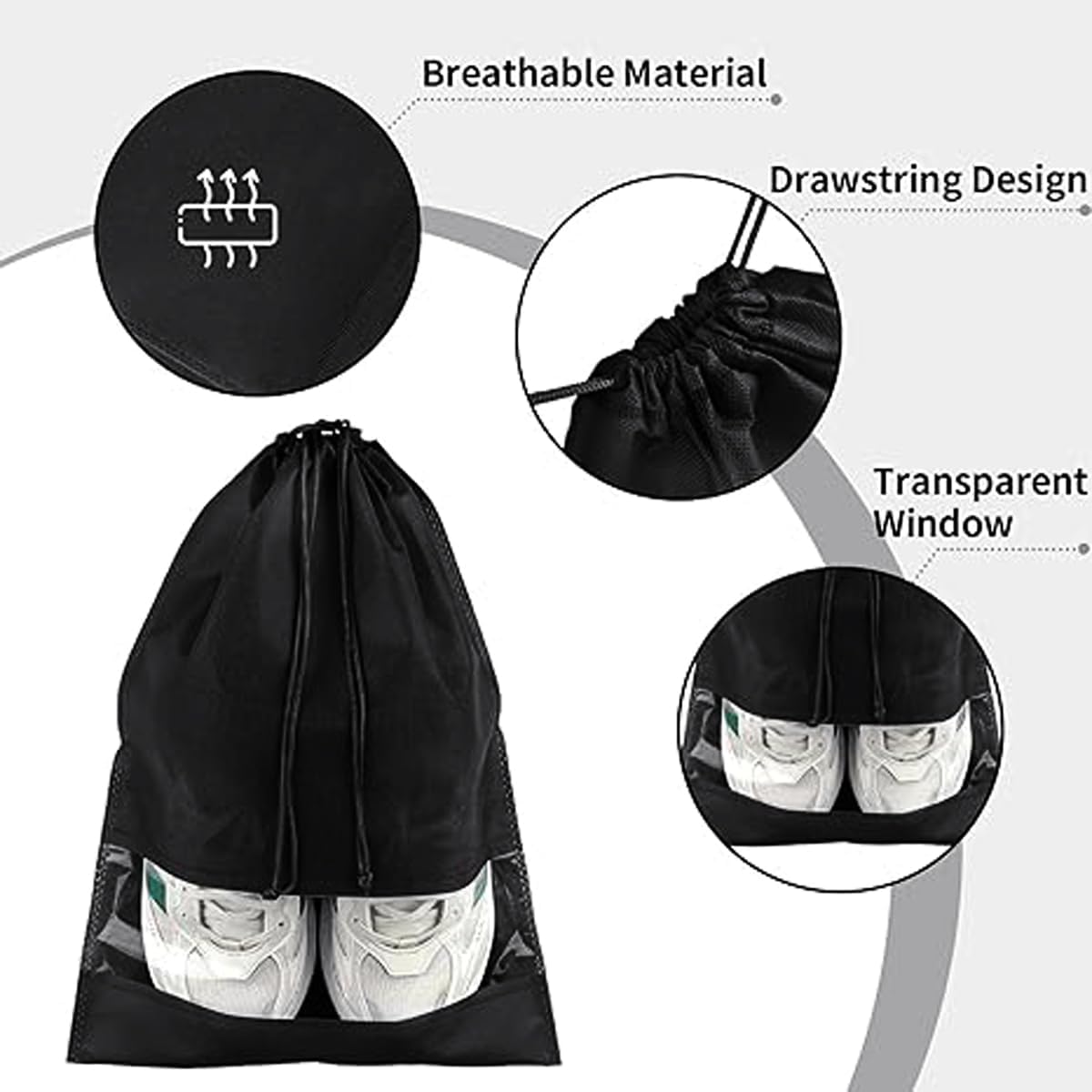 10-Pack Black Non-Woven Shoe Bags, 12.6"x17.3" Breathable Reusable Dustproof Storage Organizers for Travel, Closet, Boots & Seasonal Shoe Protection (10)