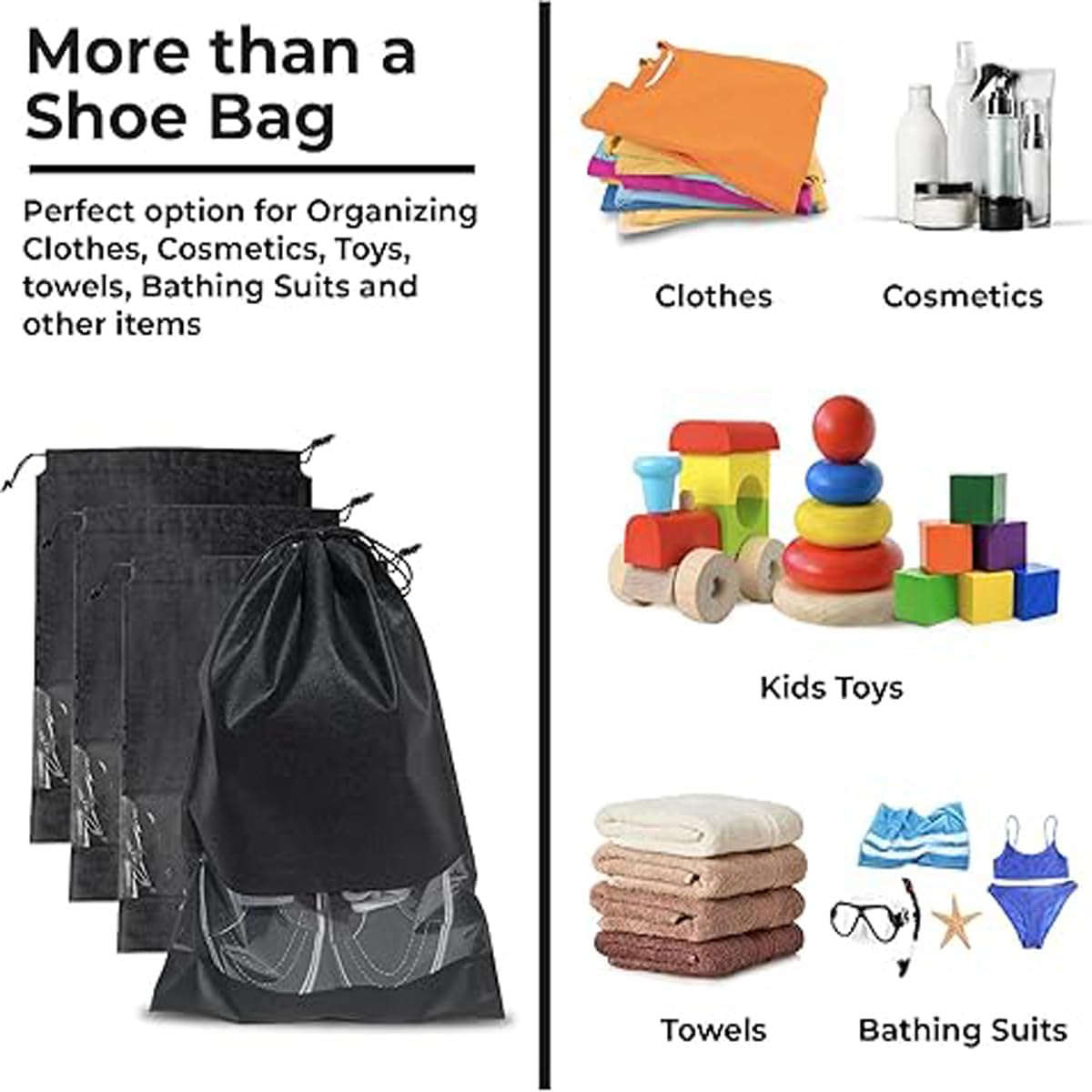 10-Pack Black Non-Woven Shoe Bags, 12.6"x17.3" Breathable Reusable Dustproof Storage Organizers for Travel, Closet, Boots & Seasonal Shoe Protection (10)