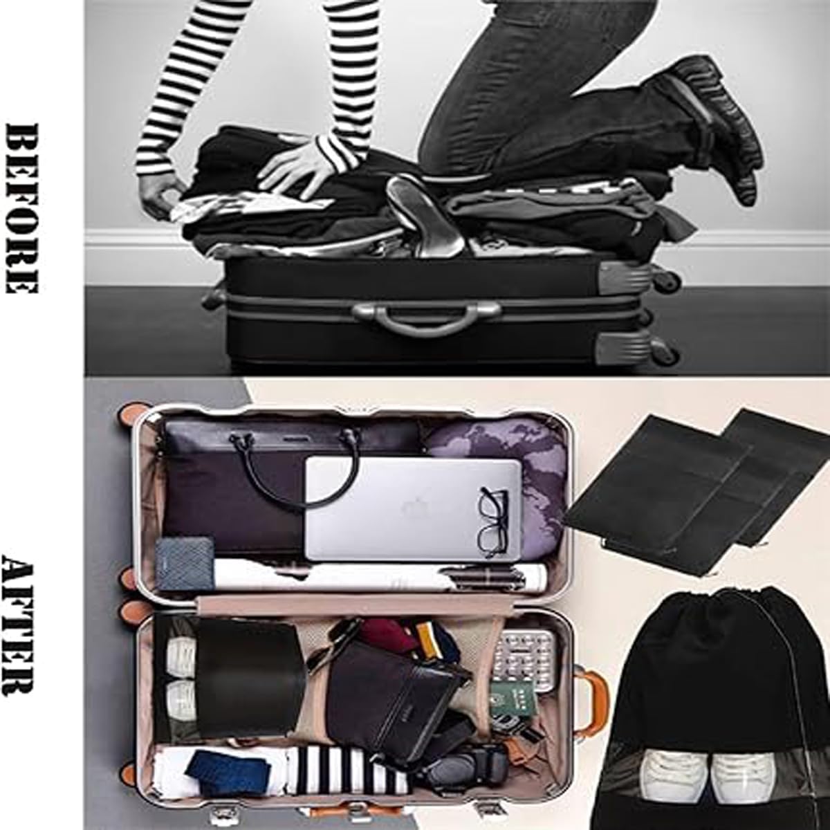 10-Pack Black Non-Woven Shoe Bags, 12.6"x17.3" Breathable Reusable Dustproof Storage Organizers for Travel, Closet, Boots & Seasonal Shoe Protection (10)