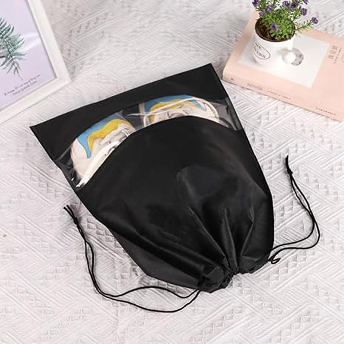 10-Pack Black Non-Woven Shoe Bags, 12.6"x17.3" Breathable Reusable Dustproof Storage Organizers for Travel, Closet, Boots & Seasonal Shoe Protection (10)