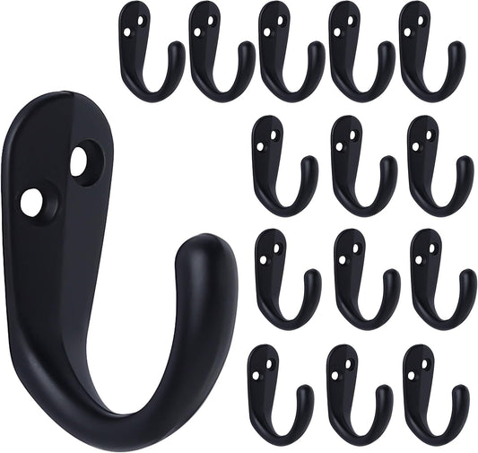 15PCS Coat Hooks Wall Mounted Single Prong Robe Hook for Hanging Towel Hooks with 30 Screws for Bags, Hat, Cap, Scarf, Cup (Black)