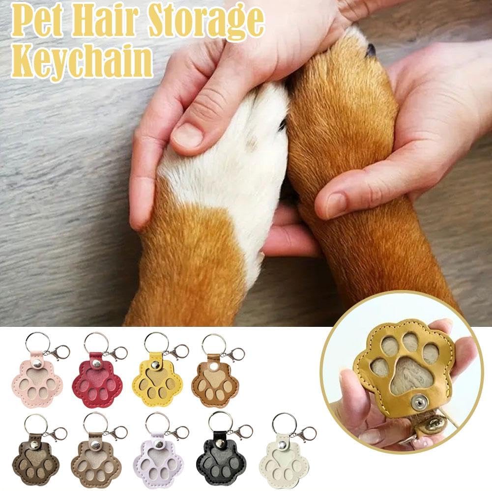 Pet Hair Keepsake Box for Dog, Pets Hair Storage Pouch Fur Memorial Keyring for Pet Commemorative,Dog Cat Paw Shape Leather Keychain Pendant