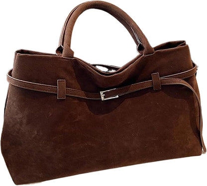 Suede Tote Bag Women Retro Dark Brown Faux Leather Tote Bag Slouchy Suede Bag with Handle Large Capacity Tote Bags for Daily Work Travel Shopping
