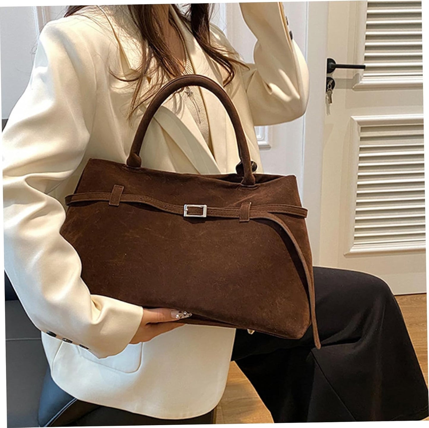 Suede Tote Bag Women Retro Dark Brown Faux Leather Tote Bag Slouchy Suede Bag with Handle Large Capacity Tote Bags for Daily Work Travel Shopping