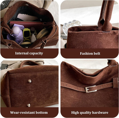 Suede Tote Bag Women Retro Dark Brown Faux Leather Tote Bag Slouchy Suede Bag with Handle Large Capacity Tote Bags for Daily Work Travel Shopping