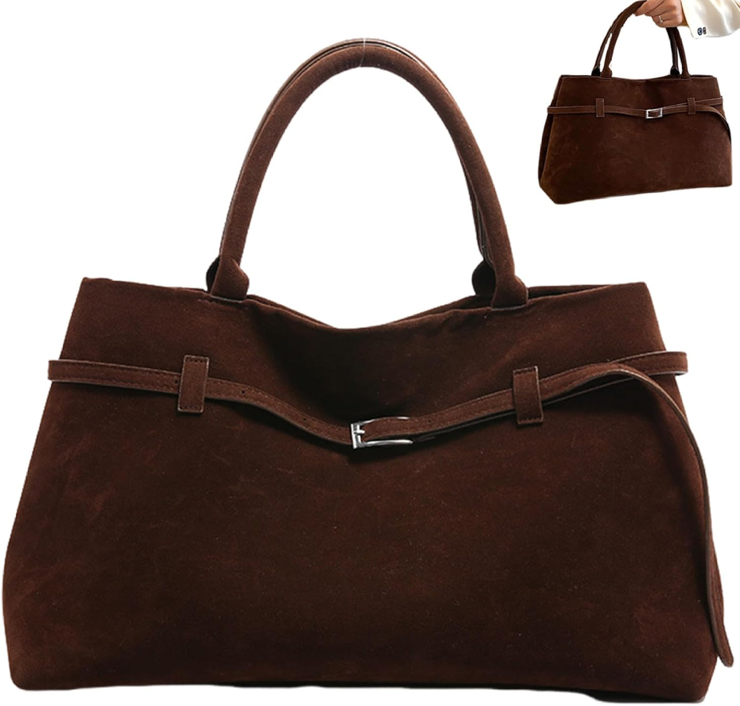 Suede Tote Bag Women Retro Dark Brown Faux Leather Tote Bag Slouchy Suede Bag with Handle Large Capacity Tote Bags for Daily Work Travel Shopping