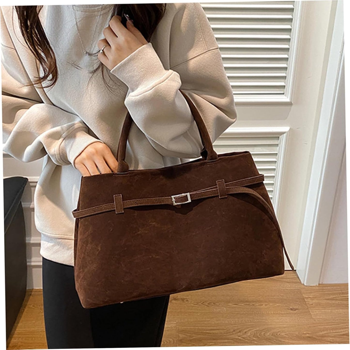 Suede Tote Bag Women Retro Dark Brown Faux Leather Tote Bag Slouchy Suede Bag with Handle Large Capacity Tote Bags for Daily Work Travel Shopping
