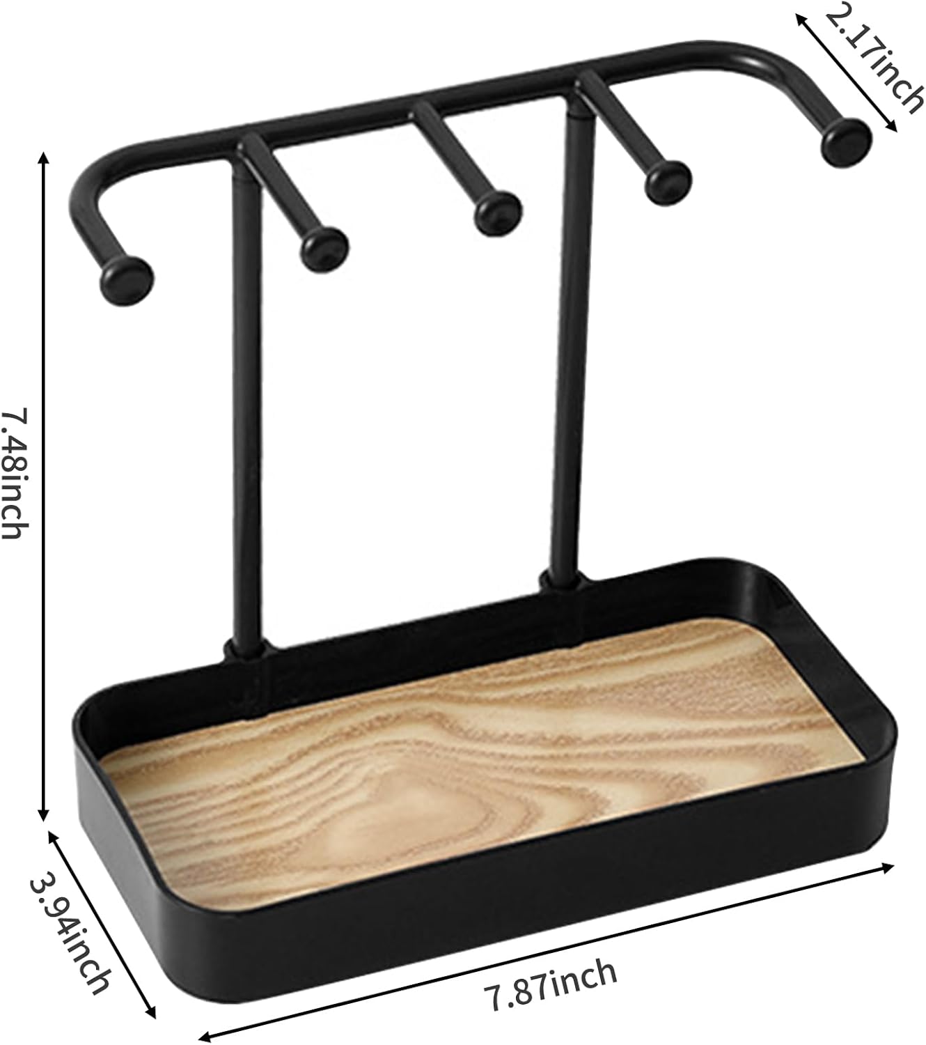 Jewelry Organizer Stand, Necklaces Holder with Wooden Tray, Necklace Display Stand Jewelry Storage Hooks for Necklace, Bracelets, Earrings, Ring, Keys, Watches (Black)
