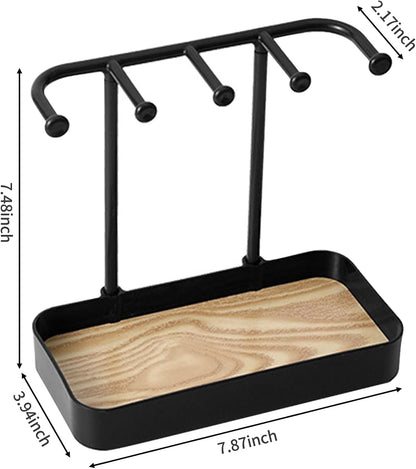 Jewelry Organizer Stand, Necklaces Holder with Wooden Tray, Necklace Display Stand Jewelry Storage Hooks for Necklace, Bracelets, Earrings, Ring, Keys, Watches (Black)