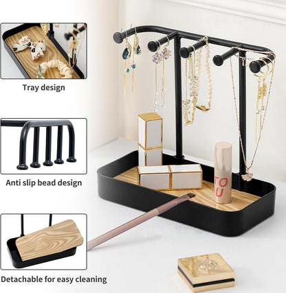 Jewelry Organizer Stand, Necklaces Holder with Wooden Tray, Necklace Display Stand Jewelry Storage Hooks for Necklace, Bracelets, Earrings, Ring, Keys, Watches (Black)