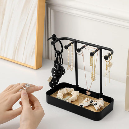 Jewelry Organizer Stand, Necklaces Holder with Wooden Tray, Necklace Display Stand Jewelry Storage Hooks for Necklace, Bracelets, Earrings, Ring, Keys, Watches (Black)