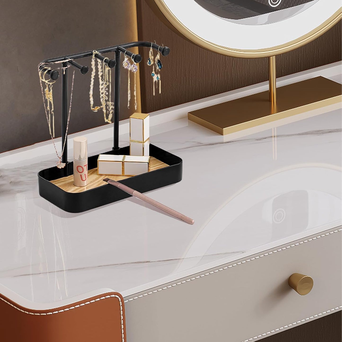 Jewelry Organizer Stand, Necklaces Holder with Wooden Tray, Necklace Display Stand Jewelry Storage Hooks for Necklace, Bracelets, Earrings, Ring, Keys, Watches (Black)