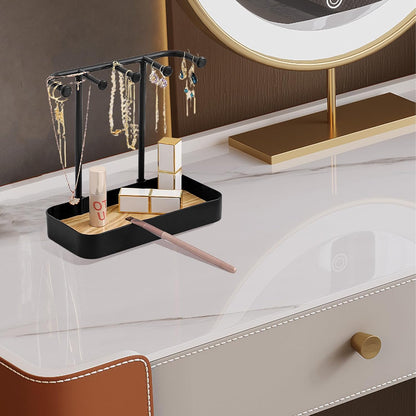 Jewelry Organizer Stand, Necklaces Holder with Wooden Tray, Necklace Display Stand Jewelry Storage Hooks for Necklace, Bracelets, Earrings, Ring, Keys, Watches (Black)