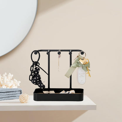 Jewelry Organizer Stand, Necklaces Holder with Wooden Tray, Necklace Display Stand Jewelry Storage Hooks for Necklace, Bracelets, Earrings, Ring, Keys, Watches (Black)