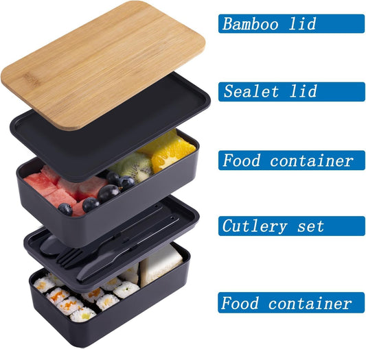 Japanese Bento Box with Bamboo Lid, Stackable Compartments, Food-Grade PP, Includes Insulated Bag for Office & Travel