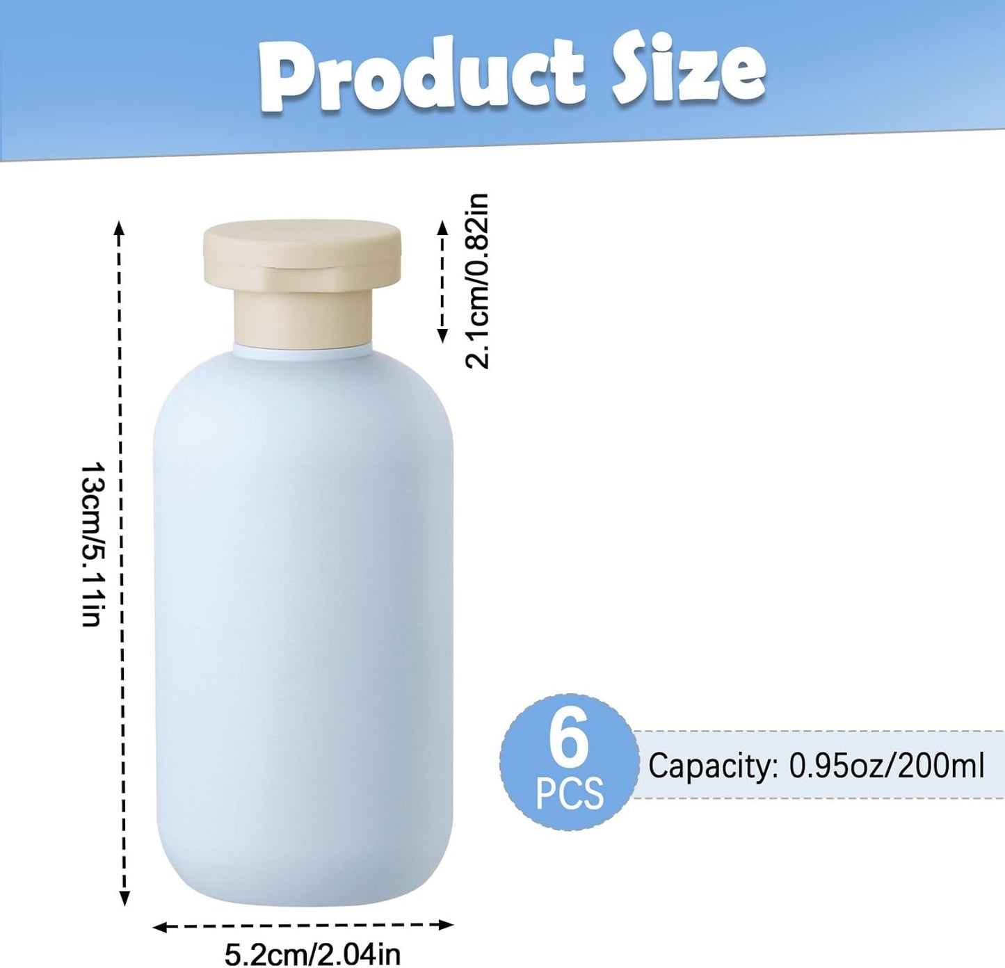 6 PCS Shampoo Travel Bottles, 200ml Refillable Travel Bottles Set for Toiletries,Empty Plastic Squeeze Bottles with Flip Cap for Conditioner, Lotions and Creams (Light Blue)