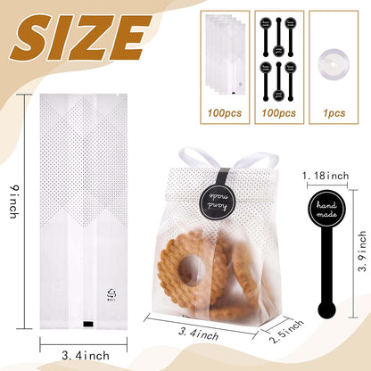 100 Pack Translucent Plastic Bags for Cookie,Cake,Chocolate,Candy,Snack Wrapping Good for Bakery Party with Stickers