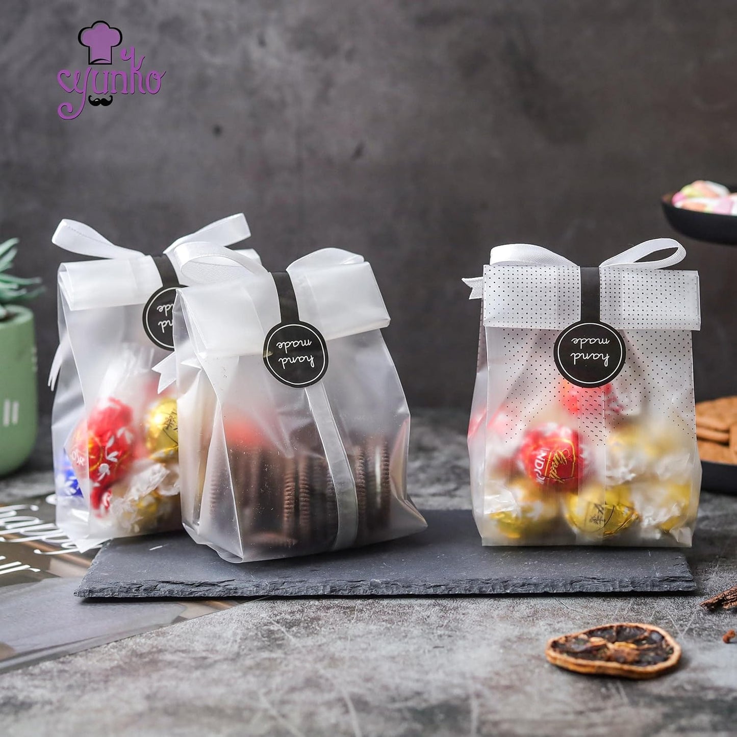 100 Pack Translucent Plastic Bags for Cookie,Cake,Chocolate,Candy,Snack Wrapping Good for Bakery Party with Stickers