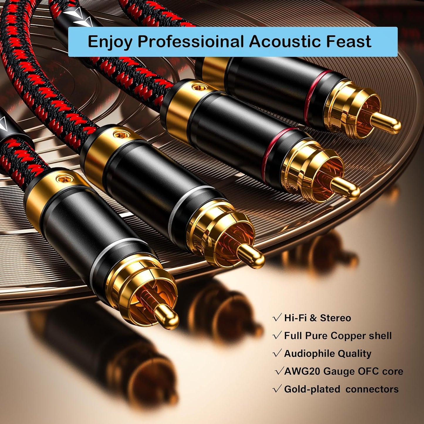 Auidophile 2RCA Male to 2RCA Male Stereo Audio Cable,Gold Plated | 4N Oxgen-Free Copper Core (6 Feet (2M))