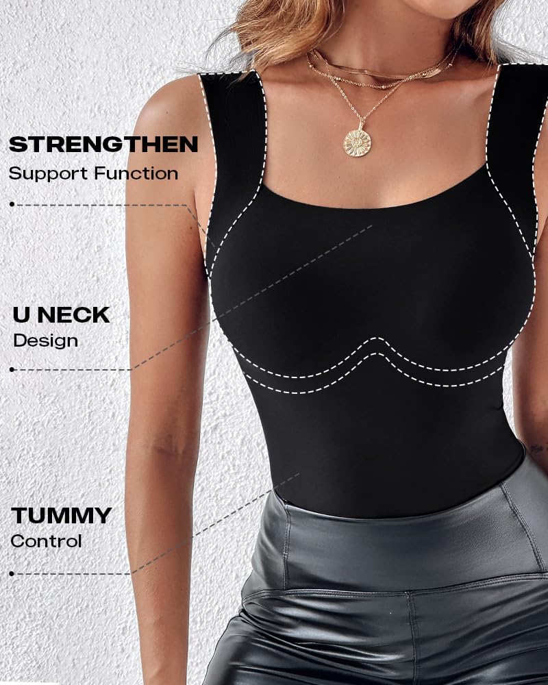 Womens U Neck Shapewear Built-in Bra Tank High Strechy Sleeveless Slim Fit Tops Camisole Workout Tops