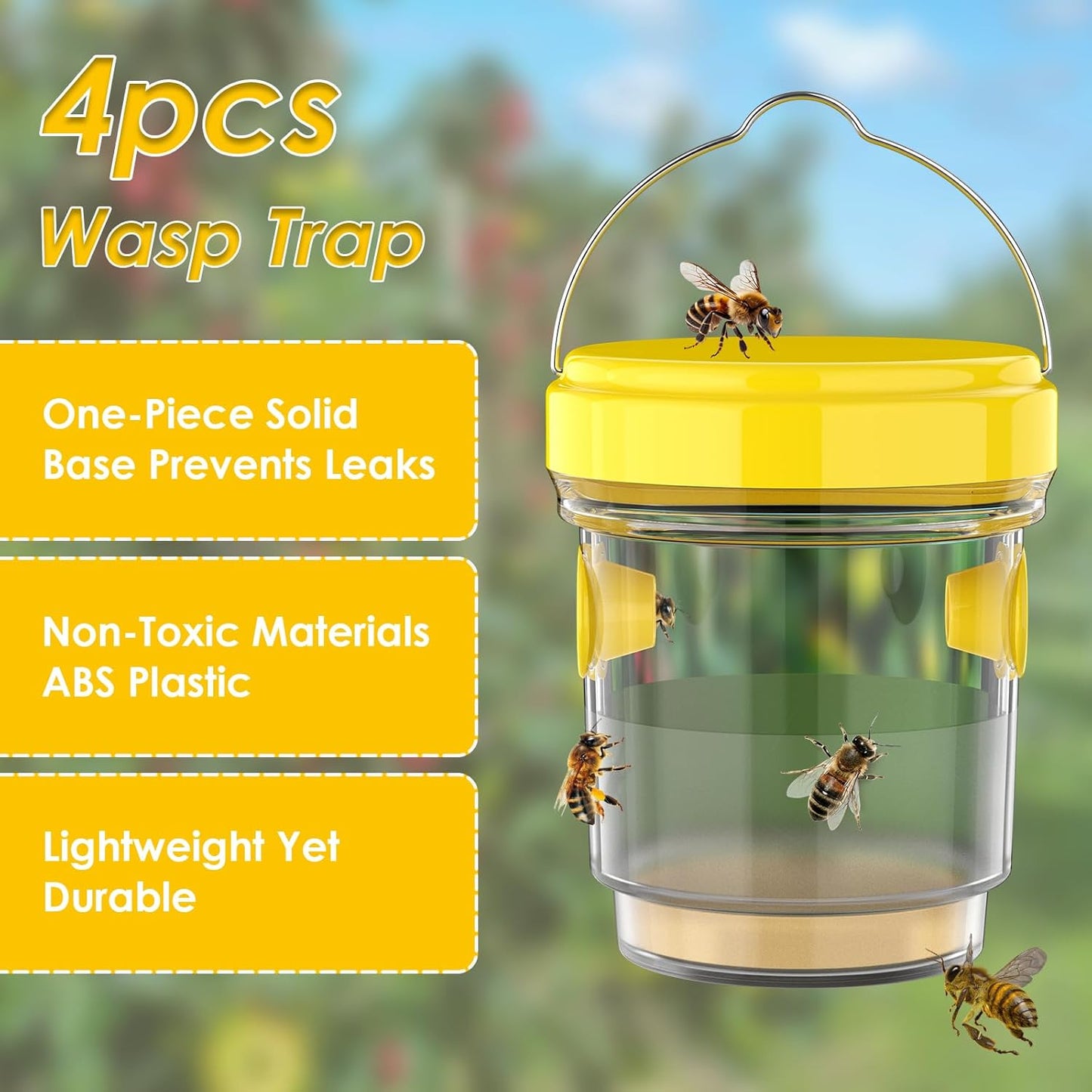2pcs Wasp Trap, Yellow Hornet Bee Traps Catcher with Hanging Non-Toxic PP Plastic Jacket Traps for Outdoors/Garden - Yellow