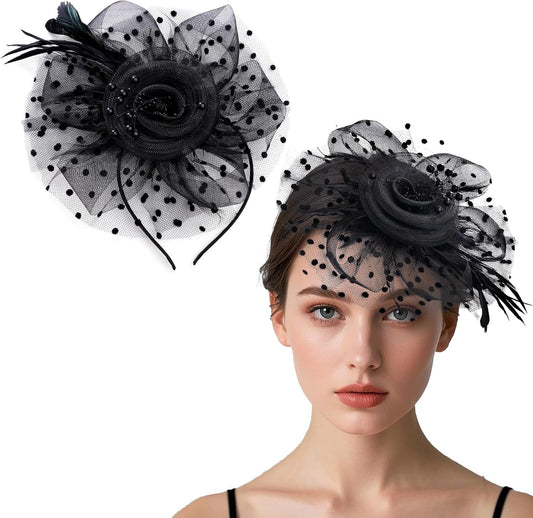 Fascinators Hat Cocktail Hat Feathers Veil Headband with Hair Clip for Tea Party Girls and Women
