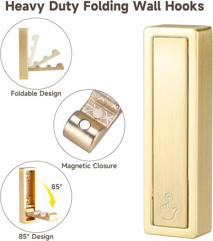 Folding Hooks 4 Pack Foldable Coat Hook Heavy Duty Wall Hooks for Hanging Coats, Towel, Hat, Backpacks (Gold)