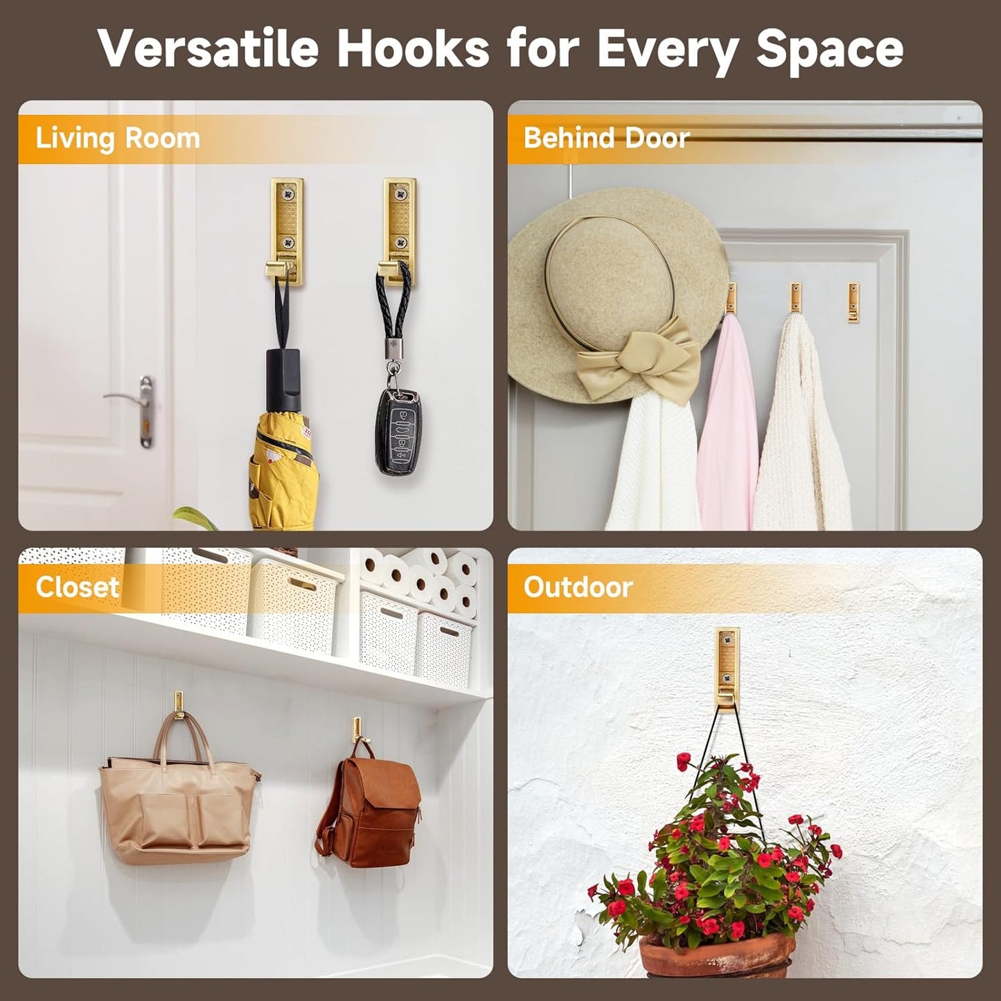 Folding Hooks 4 Pack Foldable Coat Hook Heavy Duty Wall Hooks for Hanging Coats, Towel, Hat, Backpacks (Gold)