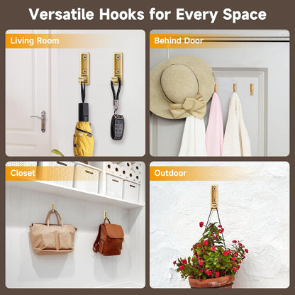 Folding Hooks 4 Pack Foldable Coat Hook Heavy Duty Wall Hooks for Hanging Coats, Towel, Hat, Backpacks (Gold)
