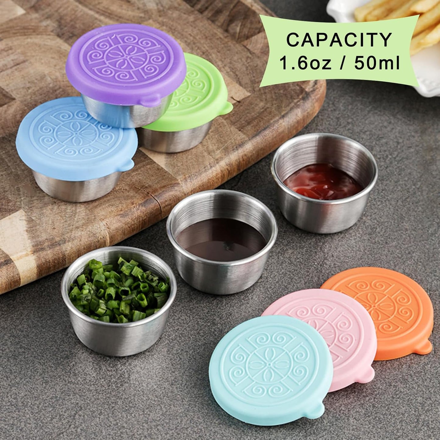 6-Pack Salad Dressing Food Storage Containers with Leakproof Silicone Lids, 50ml Stainless Steel Condiment & Dipping Sauce Cups Ideal for Lunch Bento Boxes