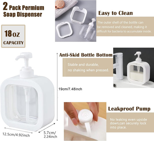 Soap Dispenser, 2 Pack 18Oz/500ml Liquid Soap Dispenser Stylish Hand Soap Dish Dispenser with Pump and 12Pcs Waterproof Labels for Bathroom,Kitchen Decor