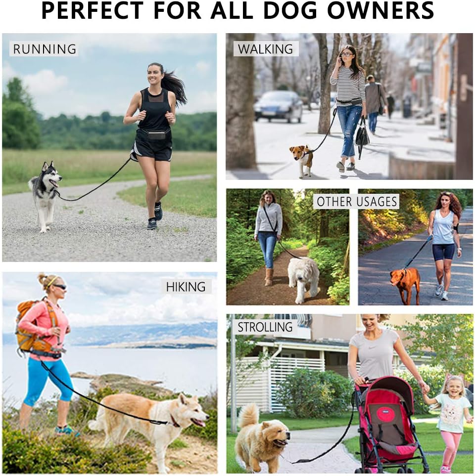 Hands Free Dog Leash for Running Walking Training Hiking, Dual-Handle Reflective Bungee, Poop Bag Dispenser Pouch, Adjustable Waist Belt, Shock Absorbing, Ideal for Medium to Large Dogs (Black W Pink)