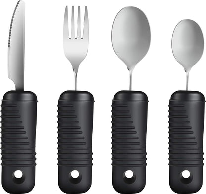 YPC Adaptive Utensils,Easy Grip Silverware,Built Up Bendable Fork,Teaspoon,Tablespoon and Knife for Tremors,Adults,Elderly,Arthritis and Parkinsons,4 Piece Set