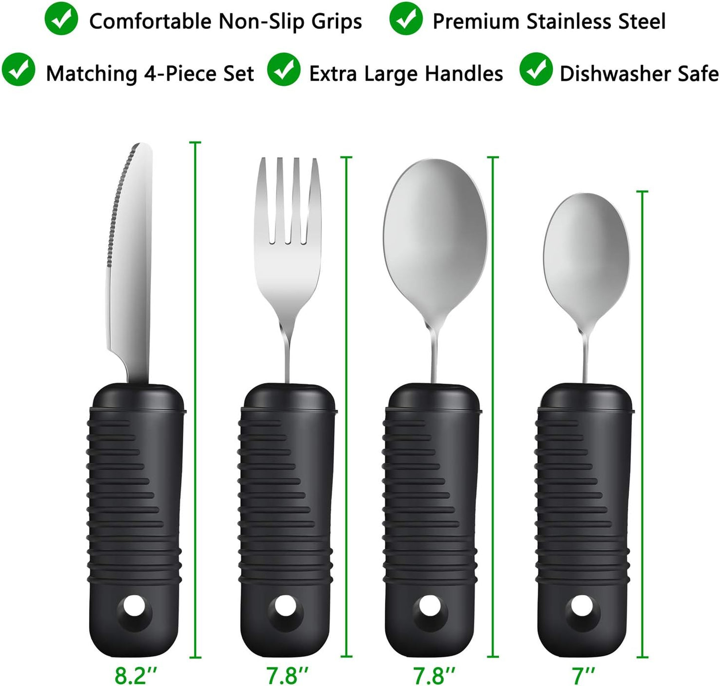 YPC Adaptive Utensils,Easy Grip Silverware,Built Up Bendable Fork,Teaspoon,Tablespoon and Knife for Tremors,Adults,Elderly,Arthritis and Parkinsons,4 Piece Set