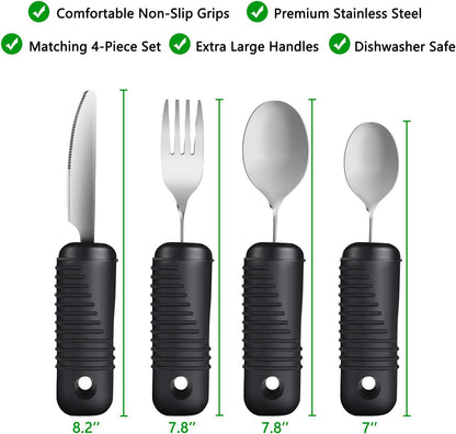 YPC Adaptive Utensils,Easy Grip Silverware,Built Up Bendable Fork,Teaspoon,Tablespoon and Knife for Tremors,Adults,Elderly,Arthritis and Parkinsons,4 Piece Set