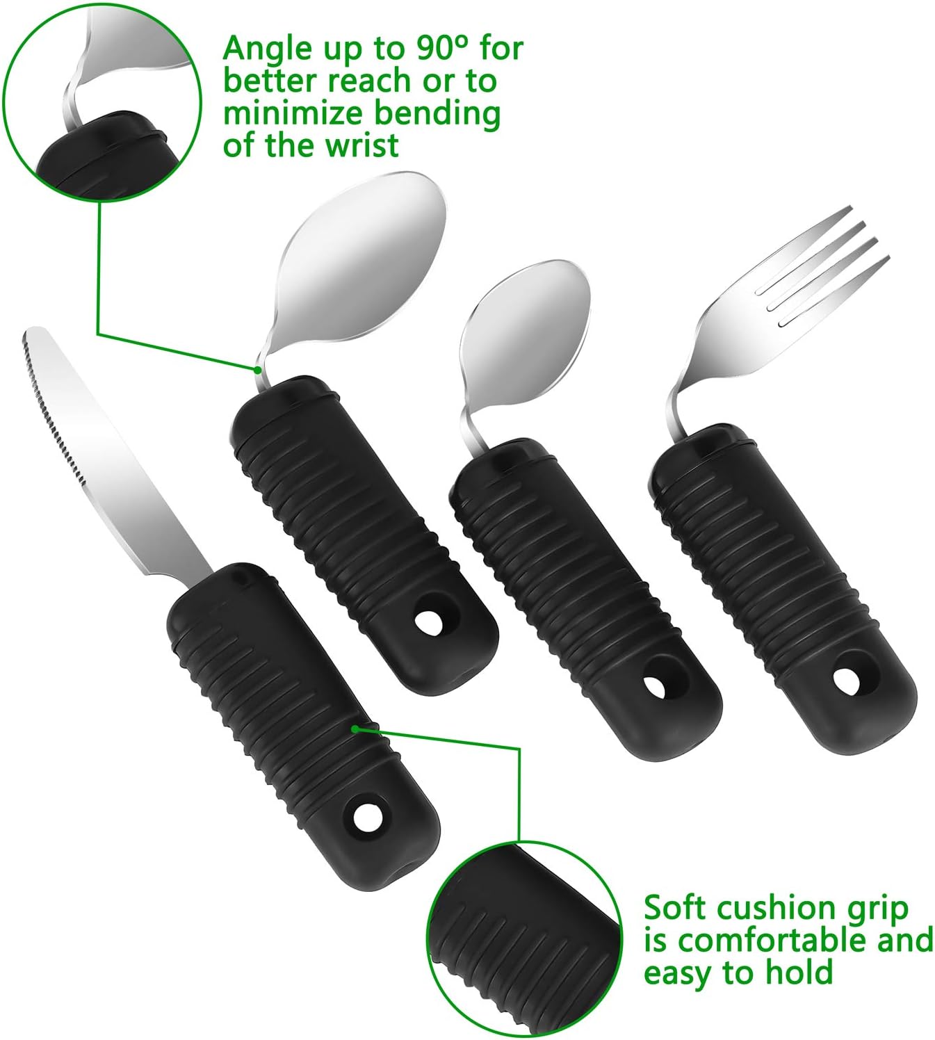 YPC Adaptive Utensils,Easy Grip Silverware,Built Up Bendable Fork,Teaspoon,Tablespoon and Knife for Tremors,Adults,Elderly,Arthritis and Parkinsons,4 Piece Set
