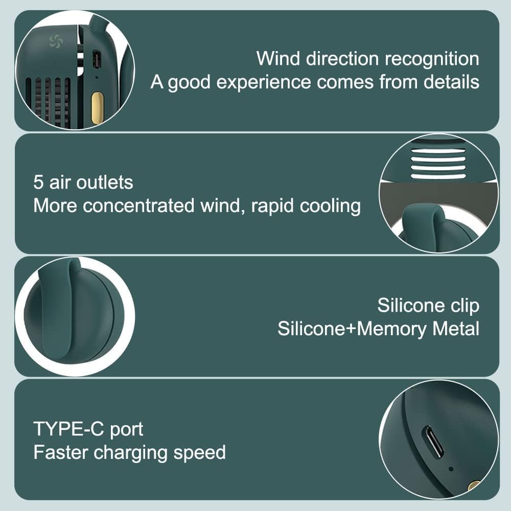 Portable Silent Mini Bladeless Fan Clip On, Portable silent mini bladeless electric fan, 3 Speeds Hands-Free Neck Fans Hanging Waist Clip Bladeless Fans for Girlfriend Summer Gift (White+Green)