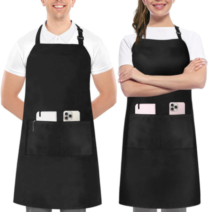 Adjustable Bib Apron (2-Pack) Water Oil Resistant Chef Cooking Kitchen Aprons with Pockets for Men Women