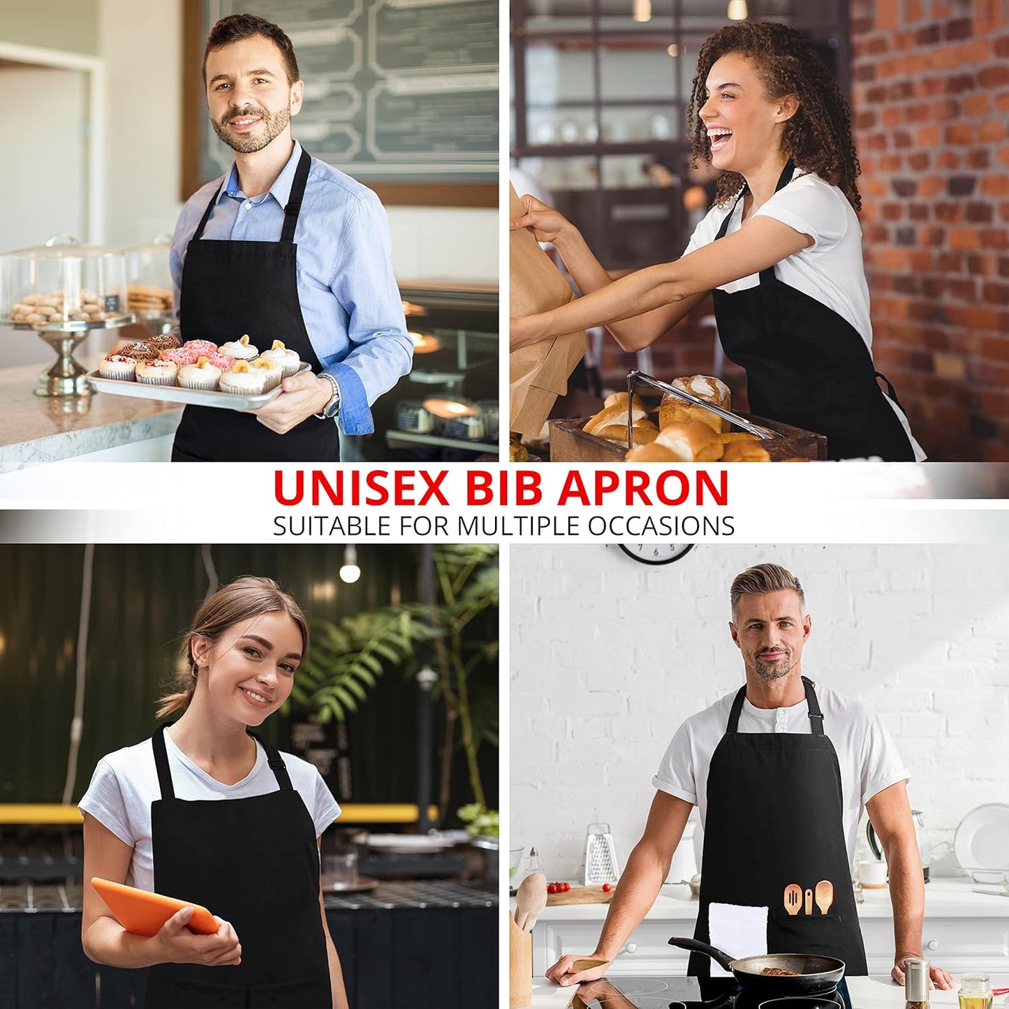 Adjustable Bib Apron (2-Pack) Water Oil Resistant Chef Cooking Kitchen Aprons with Pockets for Men Women