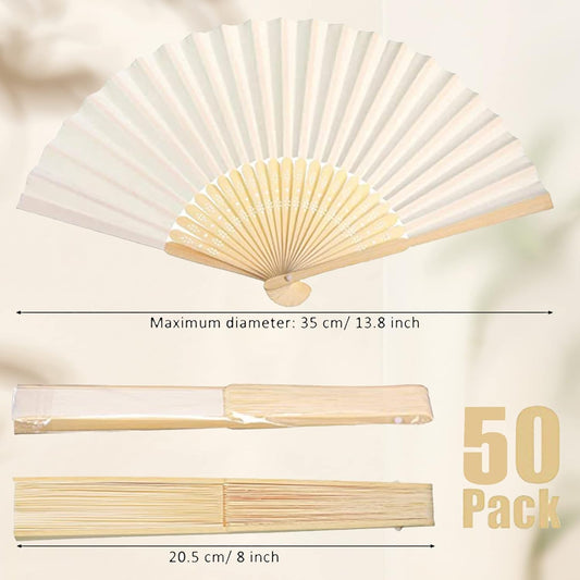50pcs White Paper Hand Fan Bamboo Folding Fan Handheld Wedding Fans Folded Fan for Bridal Dancing Party Favors Church Home Office Decoration Gift DIY Supplies Stage Props