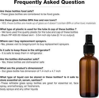 Small Glass Spray Bottles for Oil, Hair, Plants Water 2 oz | Empty Fine Mist and Refillable Mister Amber Mini Travel Size Bottle for Cleaning Solutions, Essential Oil Sprayer and Nozzle - 2 Pack