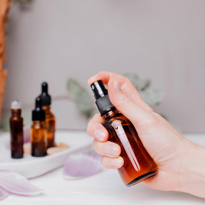 Small Glass Spray Bottles for Oil, Hair, Plants Water 2 oz | Empty Fine Mist and Refillable Mister Amber Mini Travel Size Bottle for Cleaning Solutions, Essential Oil Sprayer and Nozzle - 2 Pack