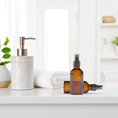 Small Glass Spray Bottles for Oil, Hair, Plants Water 2 oz | Empty Fine Mist and Refillable Mister Amber Mini Travel Size Bottle for Cleaning Solutions, Essential Oil Sprayer and Nozzle - 2 Pack
