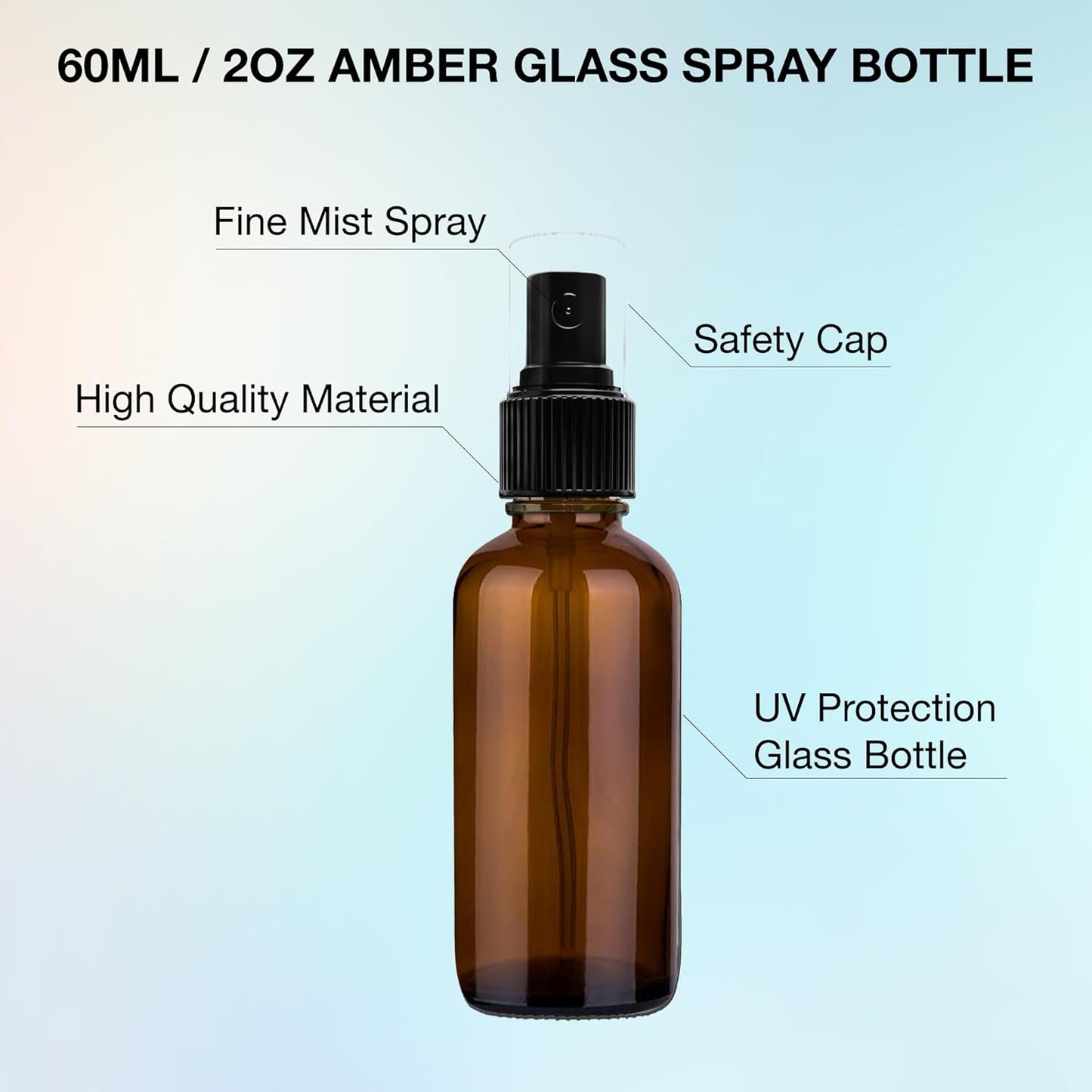 Small Glass Spray Bottles for Oil, Hair, Plants Water 2 oz | Empty Fine Mist and Refillable Mister Amber Mini Travel Size Bottle for Cleaning Solutions, Essential Oil Sprayer and Nozzle - 2 Pack