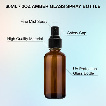 Small Glass Spray Bottles for Oil, Hair, Plants Water 2 oz | Empty Fine Mist and Refillable Mister Amber Mini Travel Size Bottle for Cleaning Solutions, Essential Oil Sprayer and Nozzle - 2 Pack