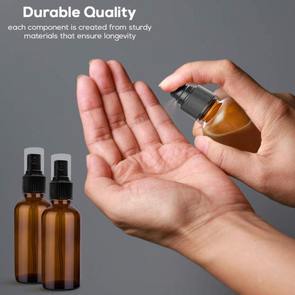 Small Glass Spray Bottles for Oil, Hair, Plants Water 2 oz | Empty Fine Mist and Refillable Mister Amber Mini Travel Size Bottle for Cleaning Solutions, Essential Oil Sprayer and Nozzle - 2 Pack